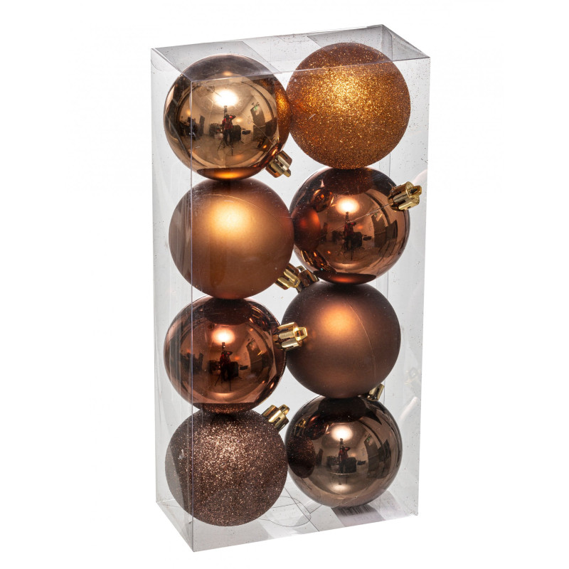 8 boules de No√´l bronze 7 cm brillantes et paillet√©es  