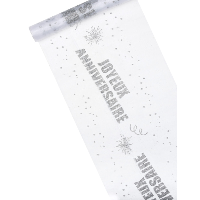 Chemin de table organza joyeux anniversaire argent paillet√© 29 cm x 5 m  