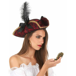 Chapeau de pirate rouge avec plume adulte  