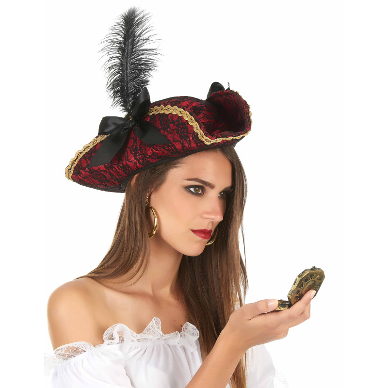 Chapeau de pirate rouge avec plume adulte  