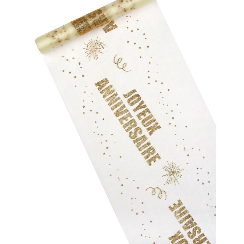 Chemin de table organza joyeux anniversaire dor√© 29 cm x 5 m paillet√©  