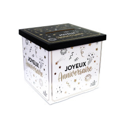 Urne en carton joyeux anniversaire blanche, dor√© et noir  