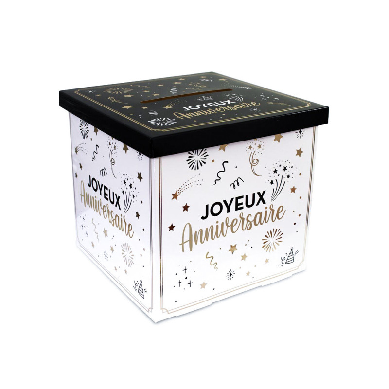 Urne en carton joyeux anniversaire blanche, dor√© et noir  