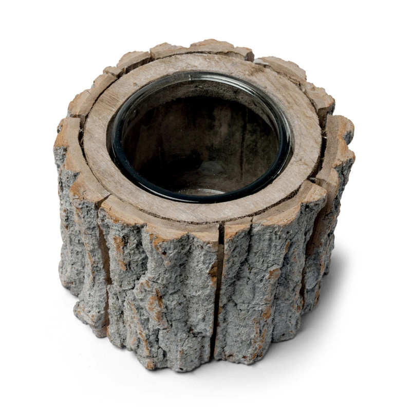 Bougeoir rondin de bois 12 x 14 cm avec verre  