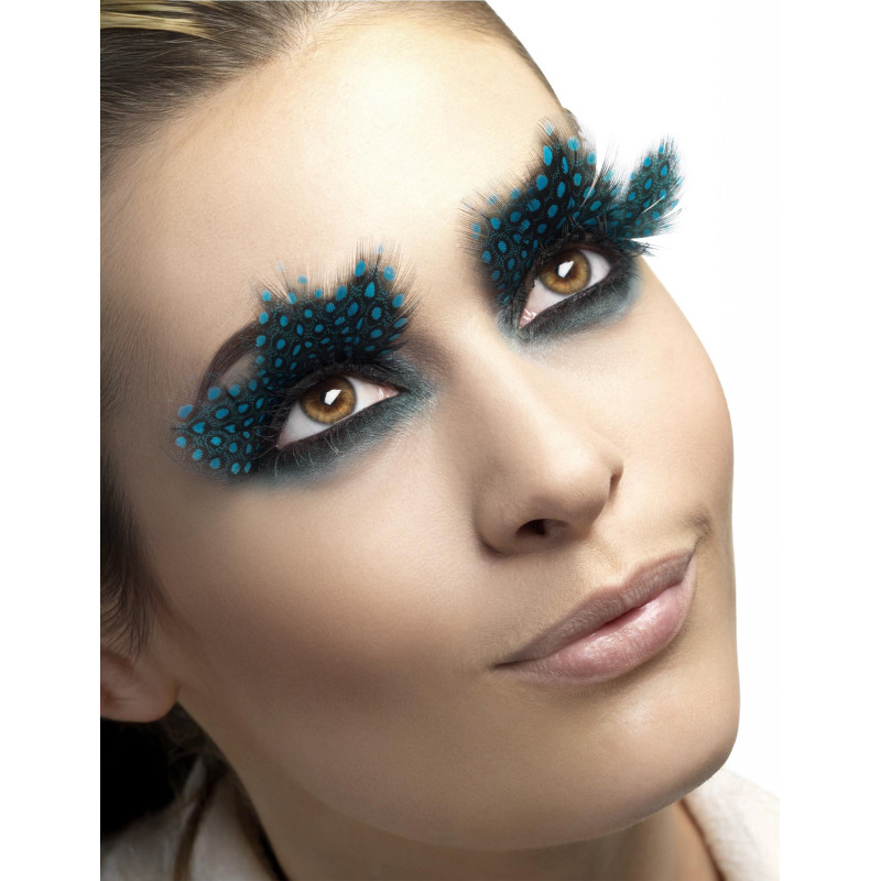 Faux cils plumes noires √† pois bleus adulte  