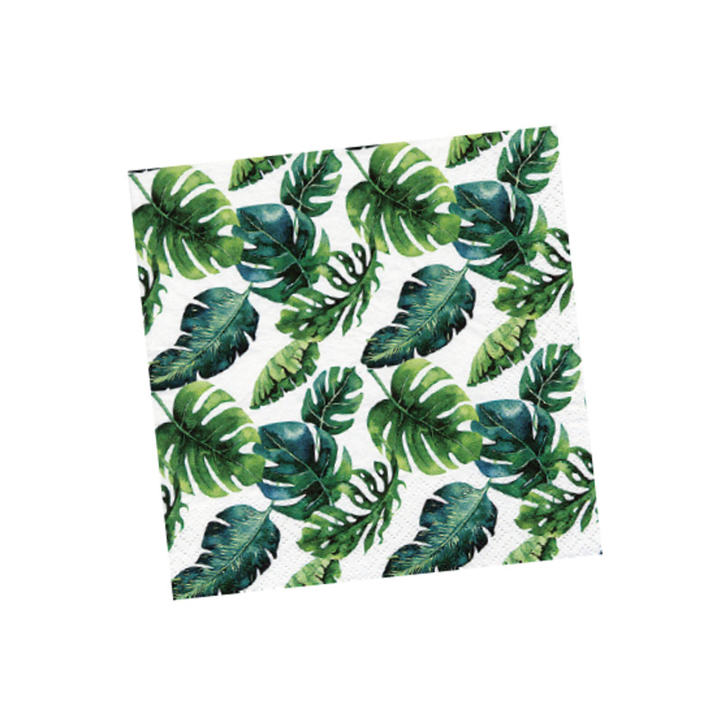 20 serviettes en papier tropicales blanches et vertes 33 x 33 cm feuilles exotiques  