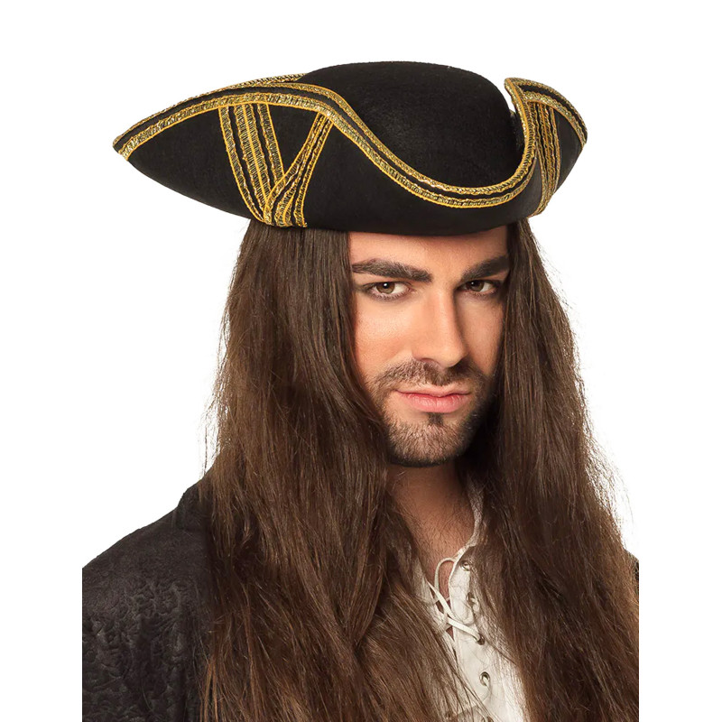 Chapeau de pirate noir √† liser√© or adulte  