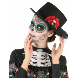 Chapeau haut de forme noir t√™te de mort fleur rouge Dia de los muertos adulte  