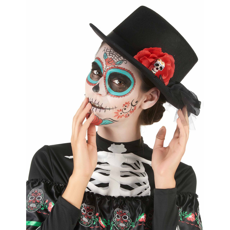 Chapeau haut de forme noir t√™te de mort fleur rouge Dia de los muertos adulte  