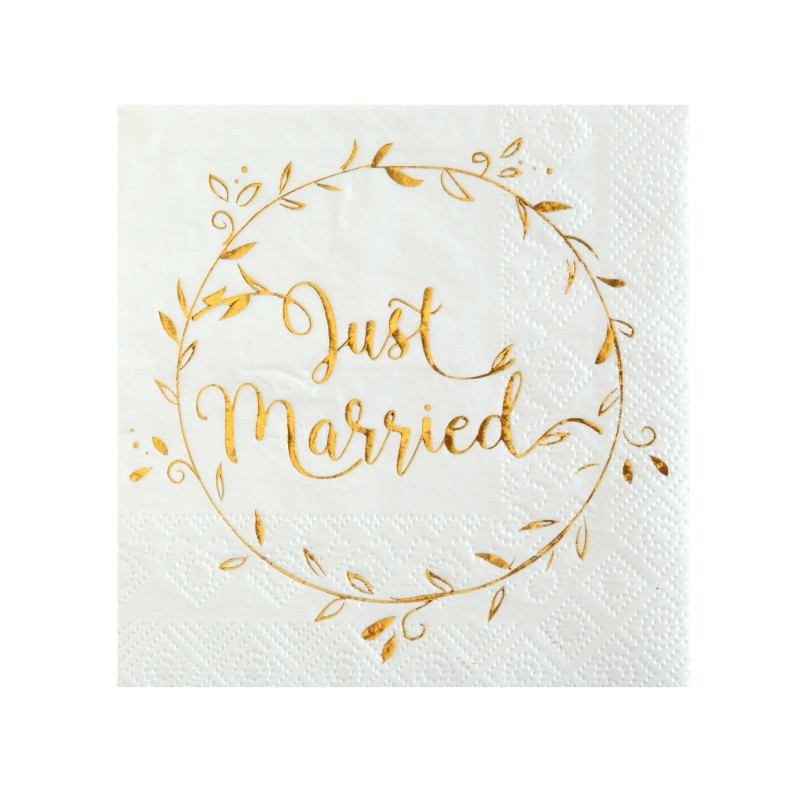 20 petites serviettes en papier just married m√©tallis√©es 25 x 25 cm blanches  