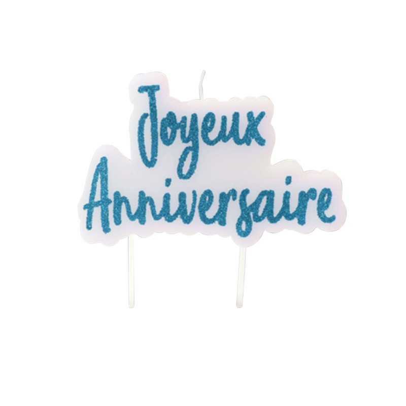 Bougie sur pique joyeux anniversaire turquoise paillet√©e 8 x 5 cm  