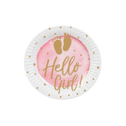 10 assiettes en carton hello girl rose et or 23 cm pour baby shower  