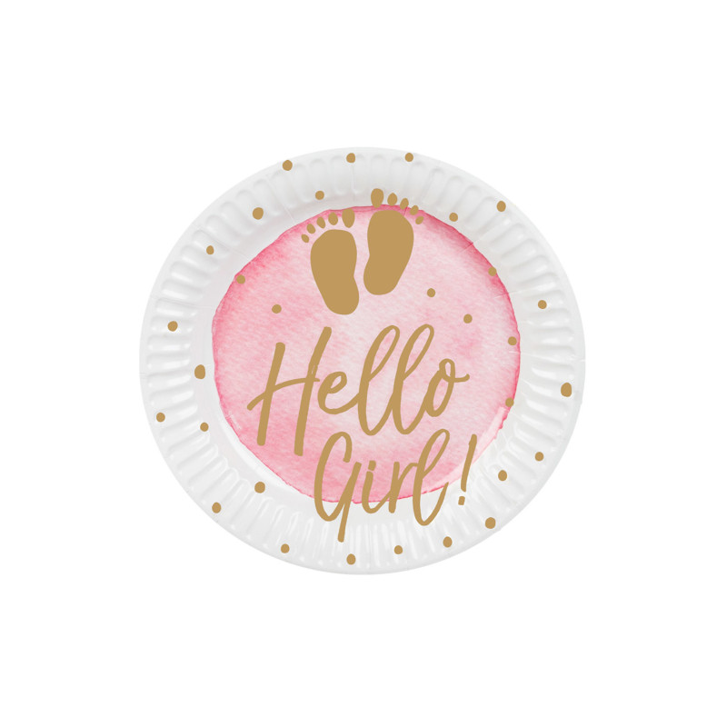 10 assiettes en carton hello girl rose et or 23 cm pour baby shower  