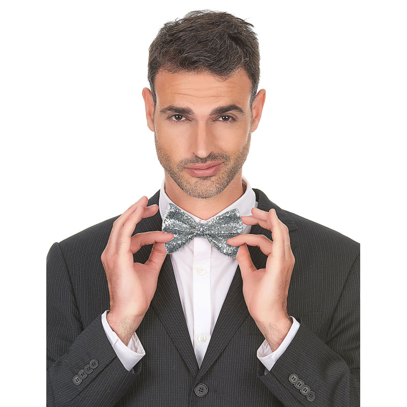 Noeud papillon brillant disco argent adulte 