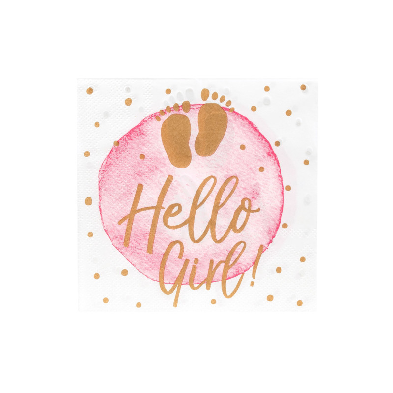 20 serviettes en papier hello girl rose et or 33 x 33 cm pour baby shower  