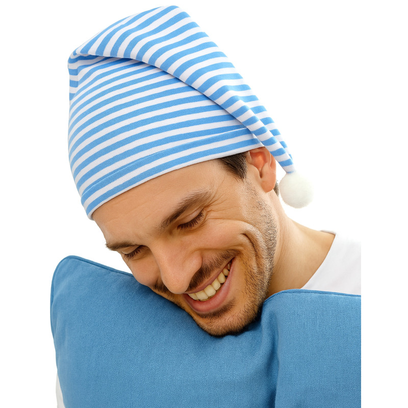 Bonnet bleu et blanc avec pompon adulte  