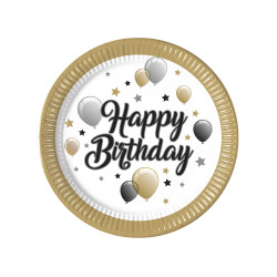 8 Assiettes en carton happy birthday dor√© noir argent 23 cm  
