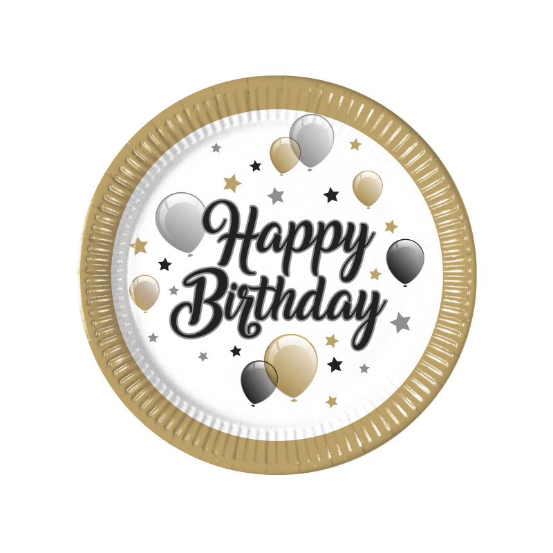 8 Assiettes en carton happy birthday dor√© noir argent 23 cm  