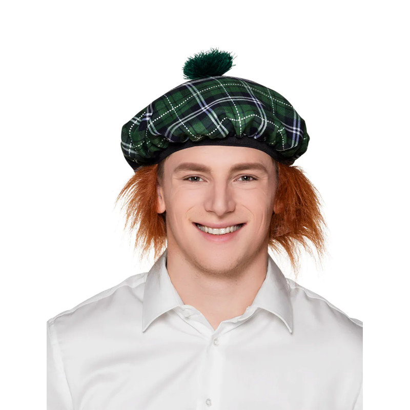 B√©ret √©cossais vert avec cheveux adulte  