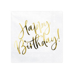 20 Serviettes en papier happy birthday blanches et dor√©es 33 x 33 cm  
