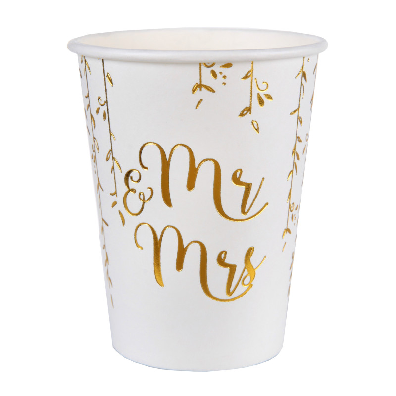 10 gobelets en carton Just Married m√©tallis√©s blancs et dor√©s  