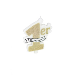 Bougie 1er anniversaire paillettes champagne 10 x 8 cm  