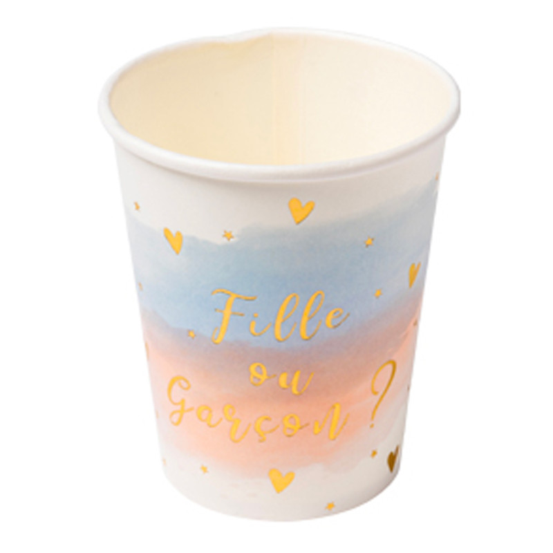 8 gobelets en carton fille ou gar√ßon rose bleu et or 255 ml baby shower  