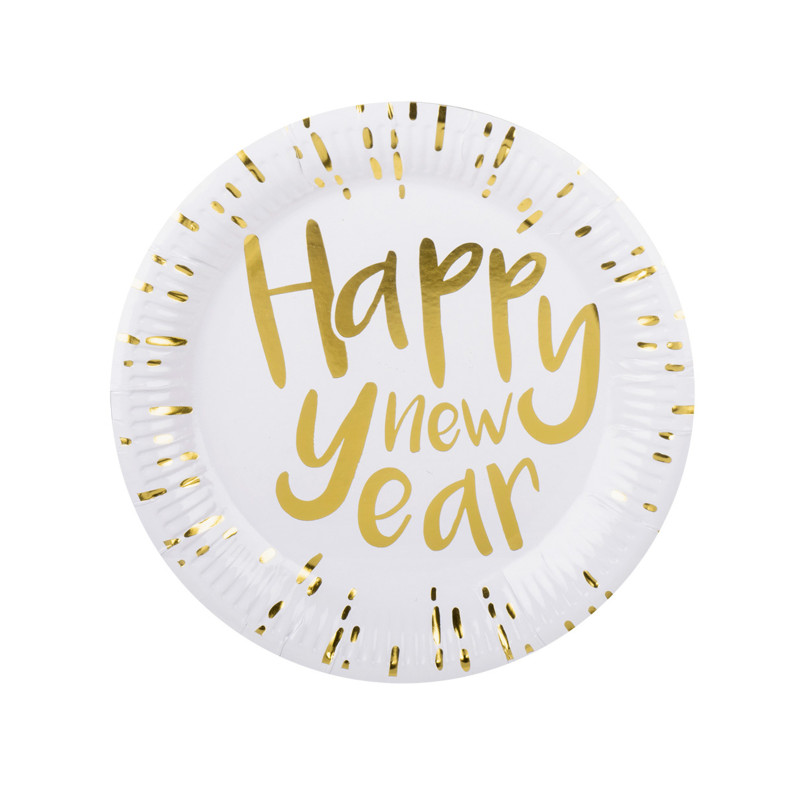10 assiettes en carton happy new year blanches et dor√©es 23 cm pour le r√©veillon  