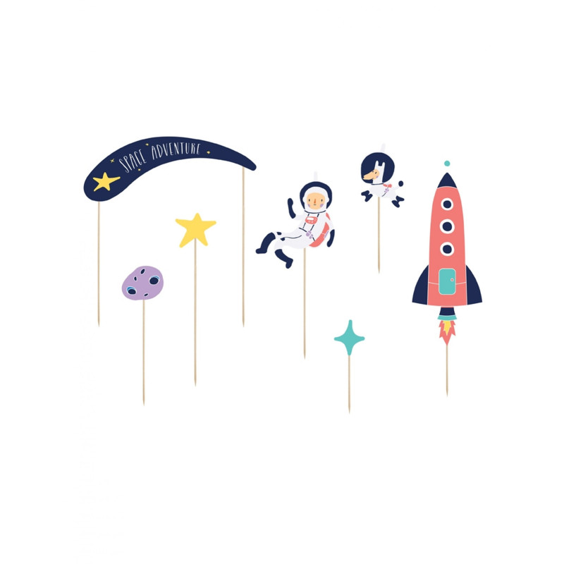 7 Cake toppers en carton space adventure 9,5 - 24,5 cm  