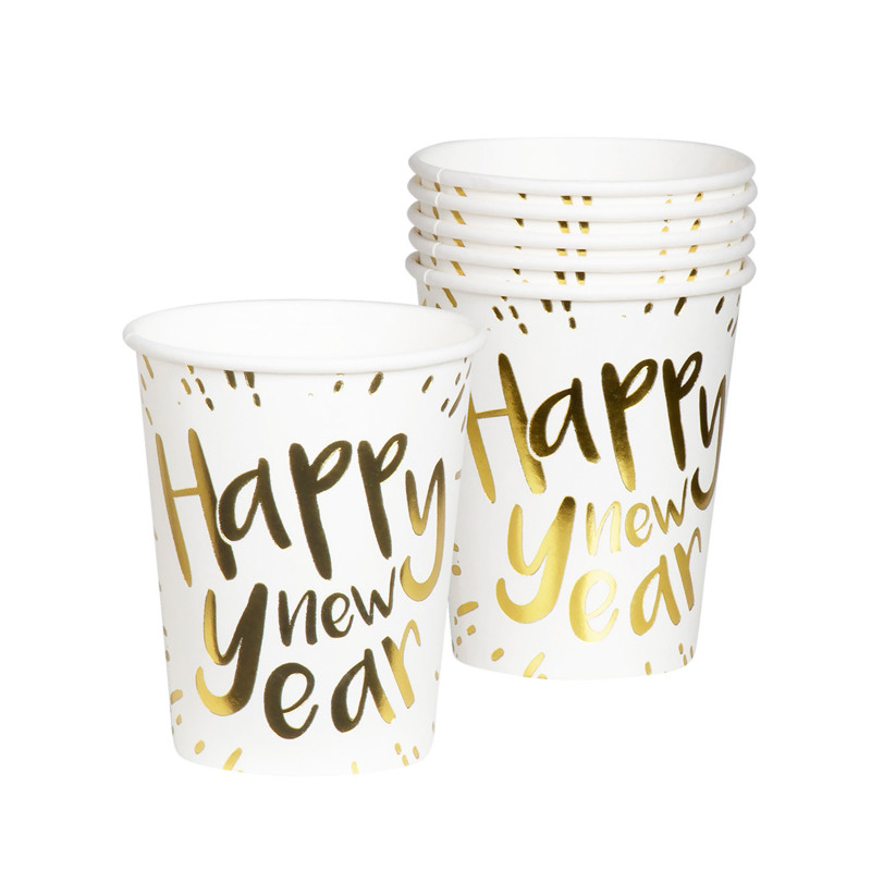 10 Gobelets en carton Happy New Year blancs et dor√©s 21 cl  