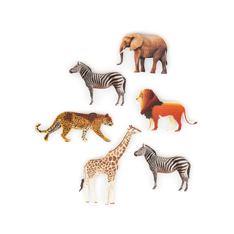 6 confettis de table animaux de la savane en bois 7,5 x 5,5 cm  