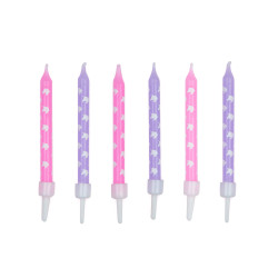 12 bougies d'anniversaire licorne roses et violettes 7,5 cm avec bob√®ches  