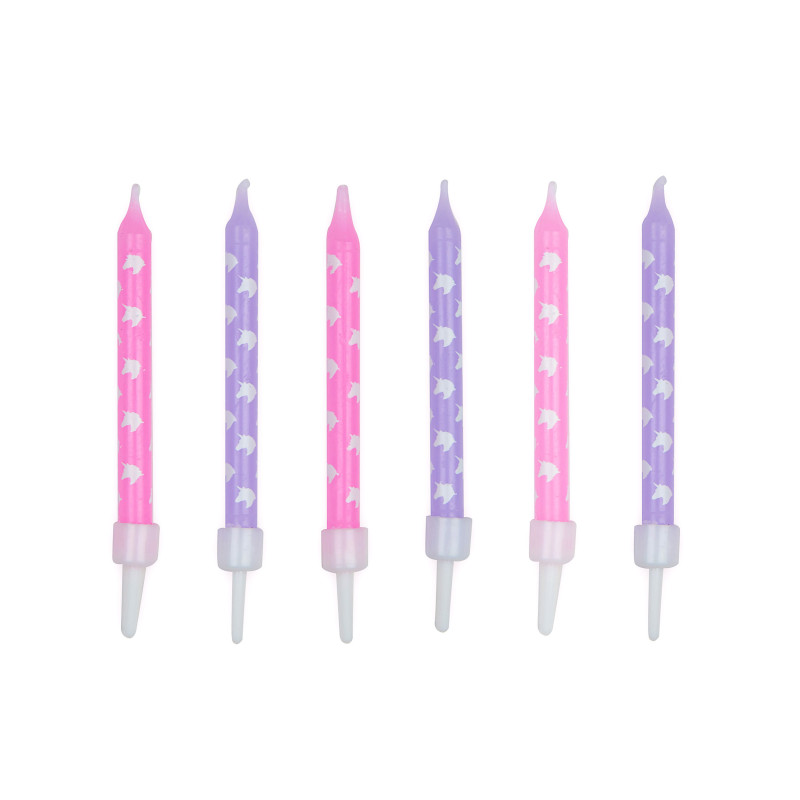 12 bougies d'anniversaire licorne roses et violettes 7,5 cm avec bob√®ches  
