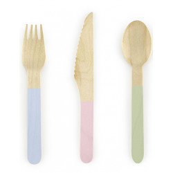 18 Couverts en bois avec manche en couleurs pastels 16 cm  