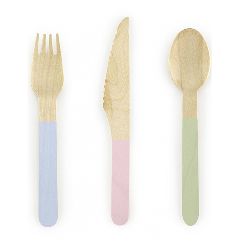 18 Couverts en bois avec manche en couleurs pastels 16 cm  