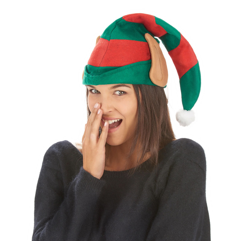 Bonnet lutin du P√®re No√´l ray√© avec oreilles adulte  
