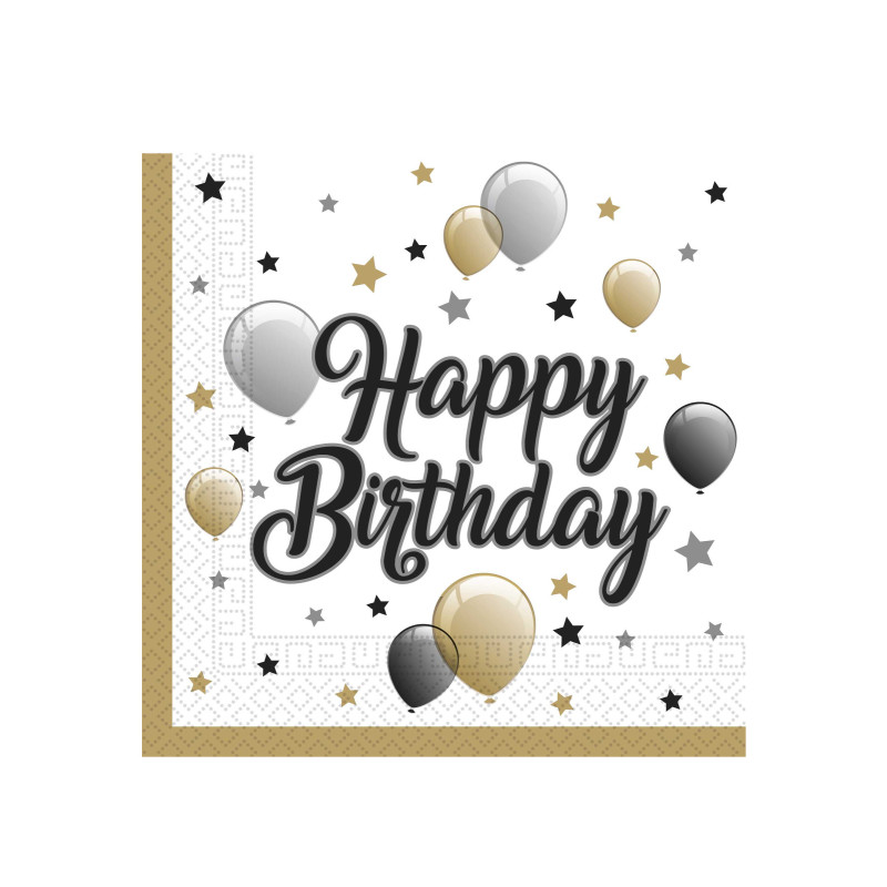 20 Serviettes en papier happy birthday dor√© noir argent 33 x 33 cm  