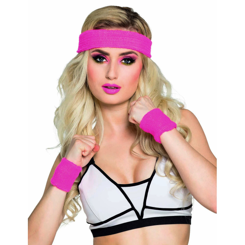 Bandeau et poignets roses 80's adulte  