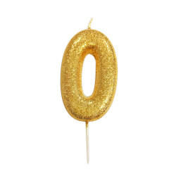 Bougie chiffre 0 dor√© √† paillettes 9 cm  
