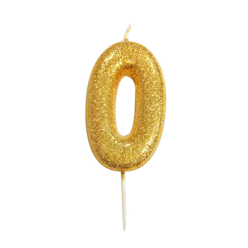 Bougie chiffre 0 dor√© √† paillettes 9 cm  