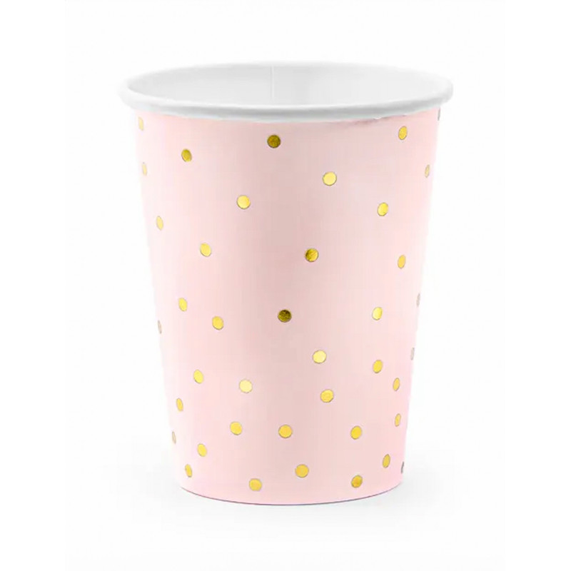 6 Gobelets en carton rose p√¢le et pois dor√©s 260 ml  