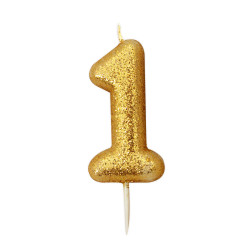 Bougie chiffre 1 dor√© √† paillettes 9 cm avec pic  