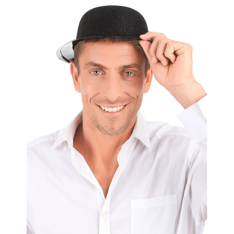 Chapeau melon plastique paillet√© noir adulte  