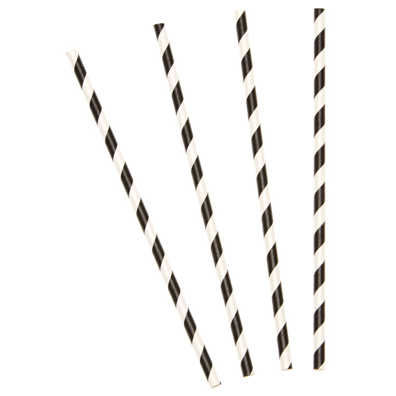 10 Pailles en carton ray√©es noires 19,5 cm  