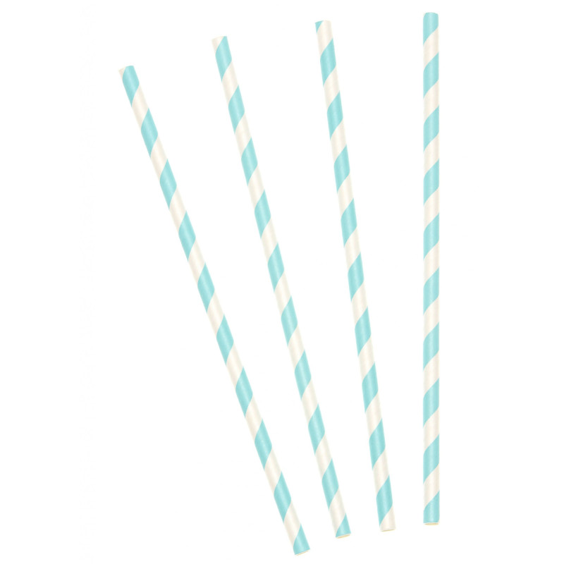 10 Pailles en carton ray√©es bleu pastel 19,5 cm  
