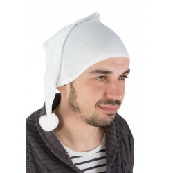Ce chapeau bonnet de nuit pour adulte est de couleur blanche avec un pompon blanc.