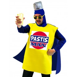 Ce déguisement de Pastis Man pour adulte est de couleur bleu et jaune et se compose d'une combinaison (verre et lunettes non inclus).